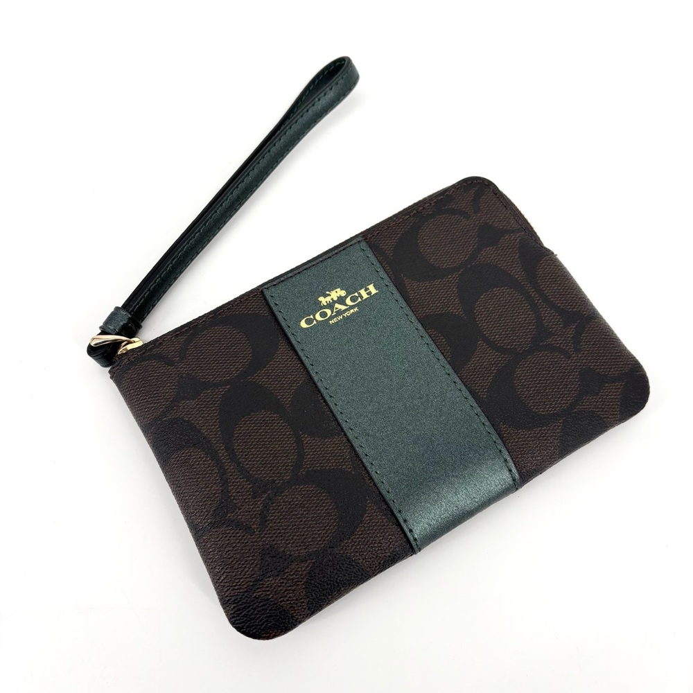 Coach Corner Zip Wristlet Wallet Brown Metallic Ivy Green Canvas Leather